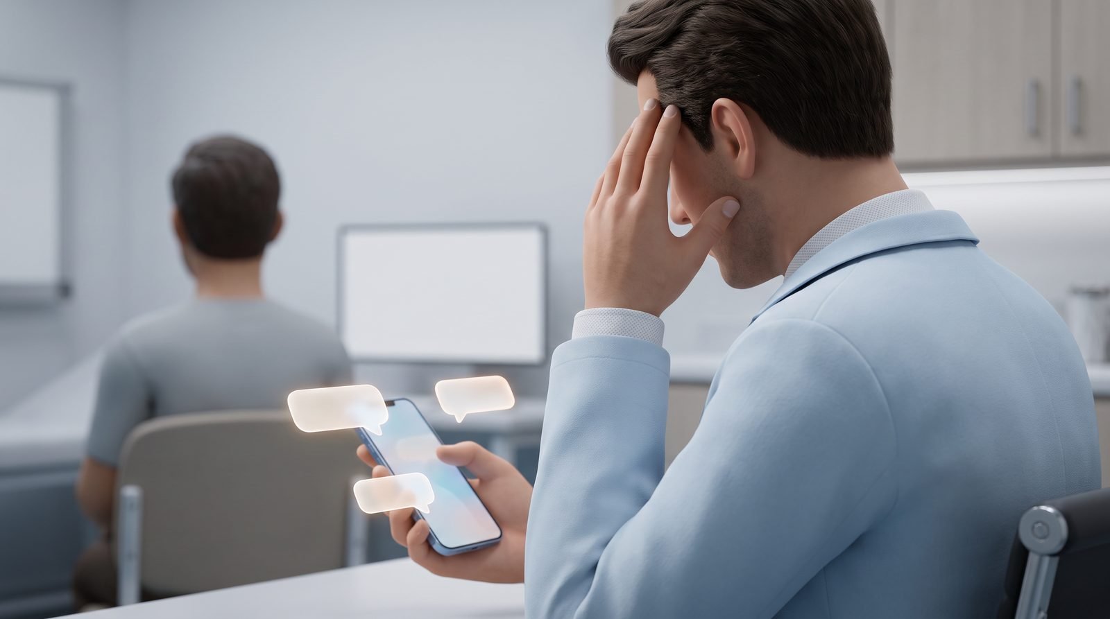 Dr. Jailson entre um paciente esperando e várias notificações no celular
